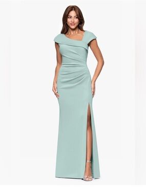 Xscape Light Green Scuba Gown Cap Sleeve Slit Petite SZ 12P NWT Formal MOB GALA
